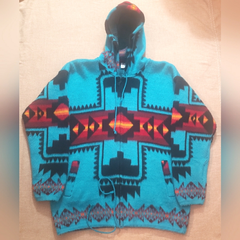 Yari Artesanias Wool Turquoise Zippered Jacket Size Large